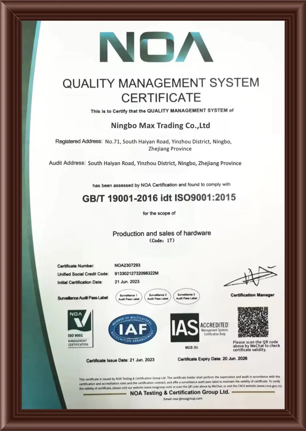 ISO 9001 Quality Management System Certificate